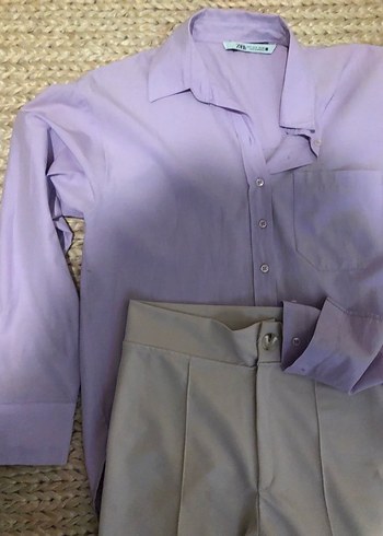 Zara Düğmeli Lila Keten Kadın Gömlek ispanyolpaça pantolon