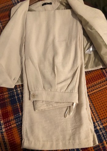 Düğmeli Keten Beyaz Kadın Yelek ve pantolon - Görsel 3