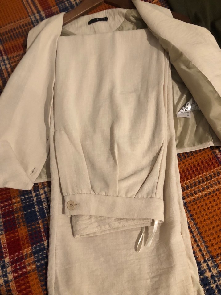 Düğmeli Keten Beyaz Kadın Yelek ve pantolon - Görsel 2