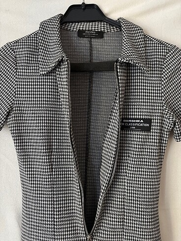 xs Beden Bershka Ekoseli Gri Ofis Elbisesi