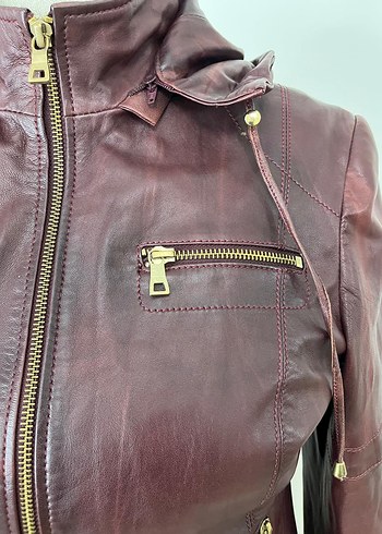 Bordo Fermuarlı Deri Kadın Biker Ceket - Görsel 6