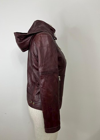 Bordo Fermuarlı Deri Kadın Biker Ceket - Görsel 7