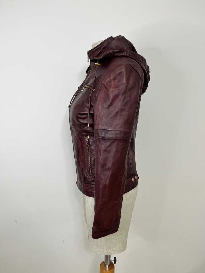 Bordo Fermuarlı Deri Kadın Biker Ceket - Görsel 3