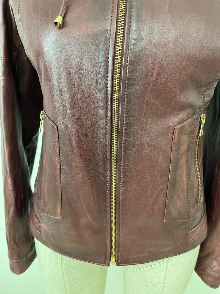 Bordo Fermuarlı Deri Kadın Biker Ceket - Görsel 5