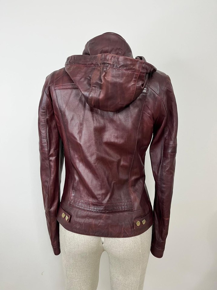 Bordo Fermuarlı Deri Kadın Biker Ceket - Görsel 2