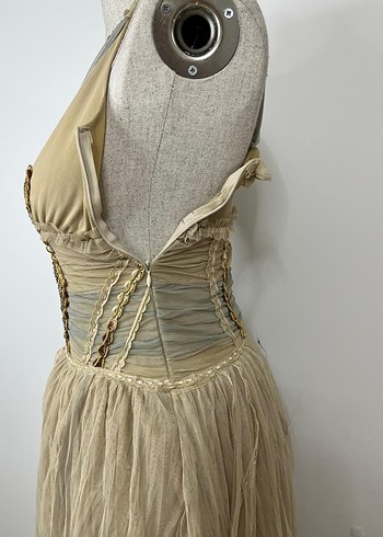 Bej Nakışlı Uzun Bohem Kadın Elbise - Görsel 5