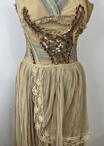 Bej Nakışlı Uzun Bohem Kadın Elbise - Görsel 7