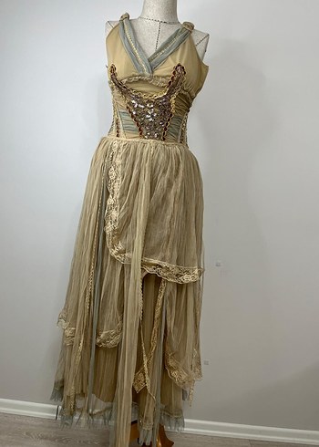 Bej Nakışlı Uzun Bohem Kadın Elbise - Görsel 12