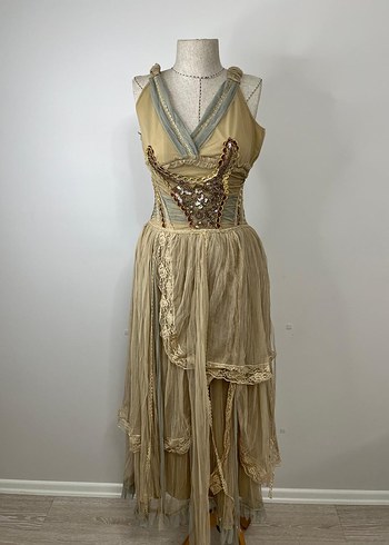 Bej Nakışlı Uzun Bohem Kadın Elbise - Görsel 11