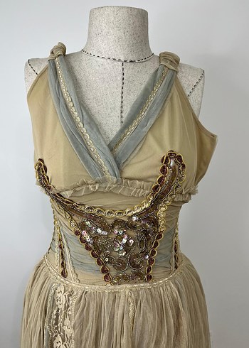 Bej Nakışlı Uzun Bohem Kadın Elbise - Görsel 9