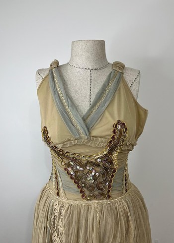 Bej Nakışlı Uzun Bohem Kadın Elbise - Görsel 6