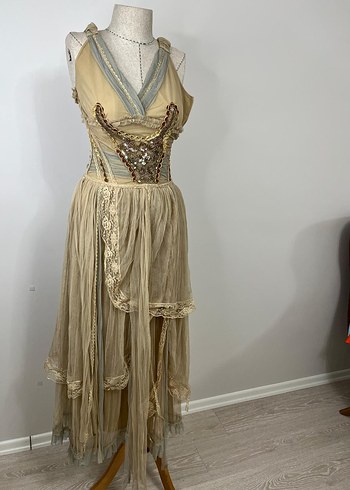 Bej Nakışlı Uzun Bohem Kadın Elbise - Görsel 10