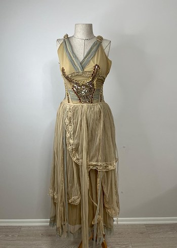 Bej Nakışlı Uzun Bohem Kadın Elbise - Görsel 2