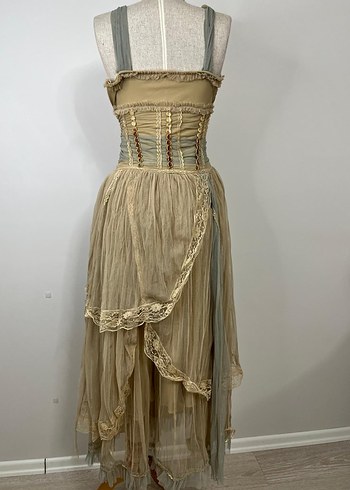 Bej Nakışlı Uzun Bohem Kadın Elbise - Görsel 3