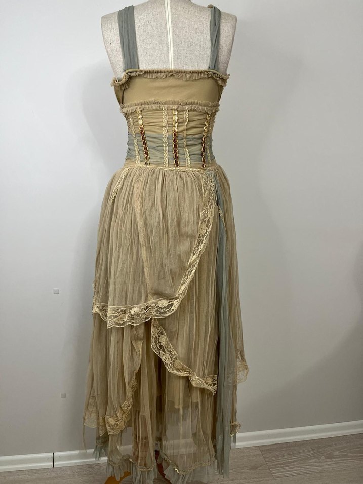 Bej Nakışlı Uzun Bohem Kadın Elbise - Görsel 3