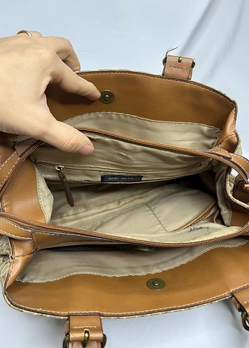 Klasik Desenli Bej Deri Kadın Çanta - Görsel 9