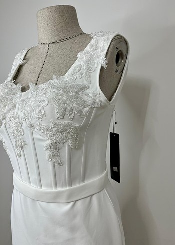 Dantel Detaylı Beyaz Uzun Abiye Elbise - Görsel 10