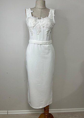 Dantel Detaylı Beyaz Uzun Abiye Elbise - Görsel 11