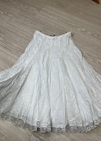 American Vintage Dantel Detaylı Beyaz Midi Keten Etek