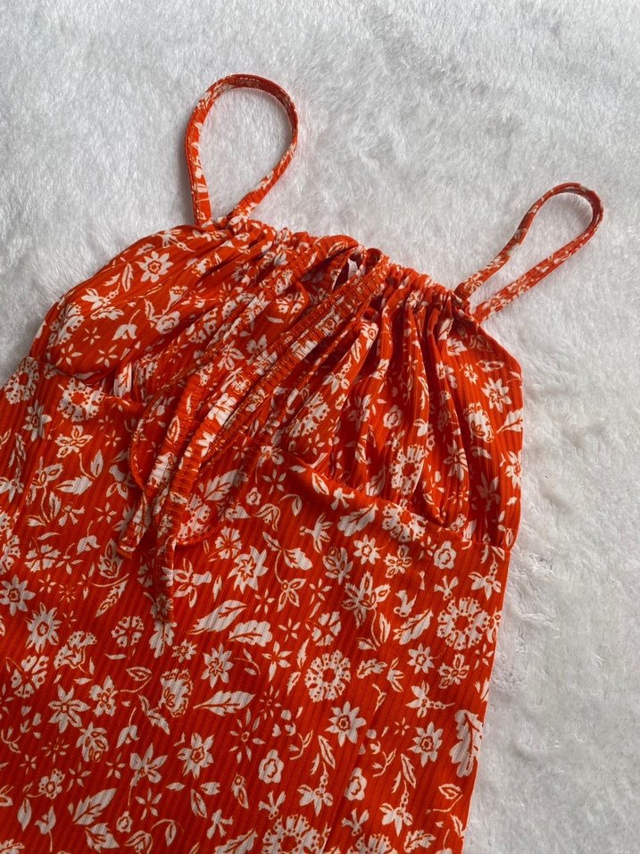 Askılı Çiçekli Büzgülü Kadın Mini Elbise - Görsel 4