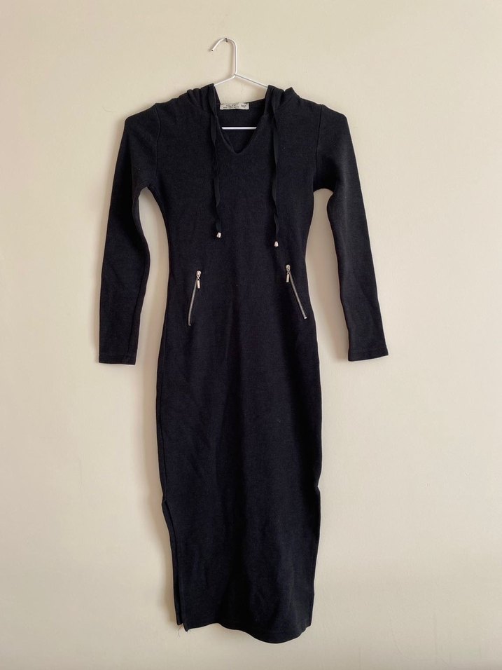 Kapüşonlu Yırtmaçlı Triko Midi Elbise - Görsel 2