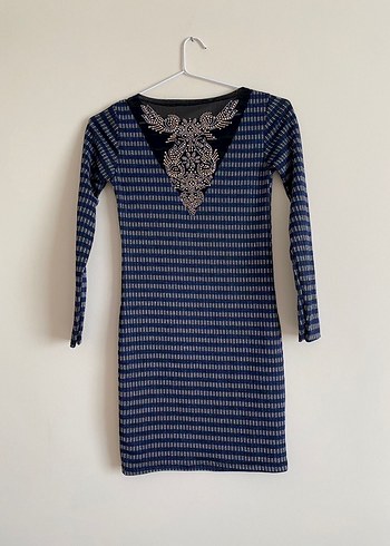 Dekolteli Taş Baskılı Simli Mini Elbise - Görsel 3