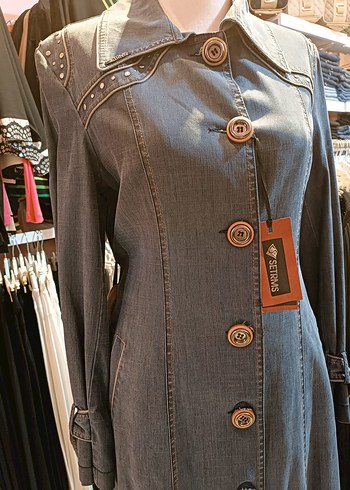 Düğmeli Gri Denim Uzun Kadın Kaban - Görsel 3