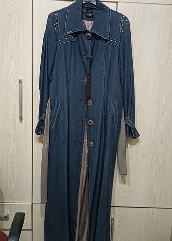 Düğmeli Gri Denim Uzun Kadın Kaban - Görsel 4