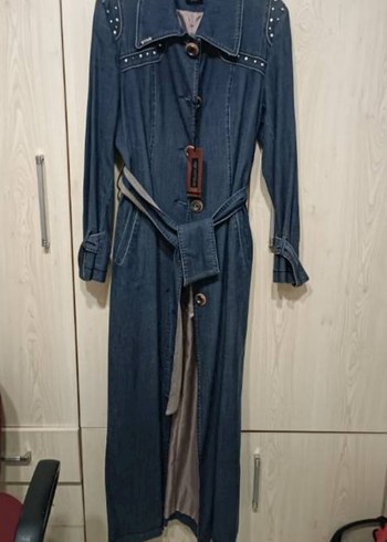 Düğmeli Gri Denim Uzun Kadın Kaban - Görsel 5