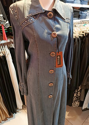 Düğmeli Gri Denim Uzun Kadın Kaban - Görsel 2