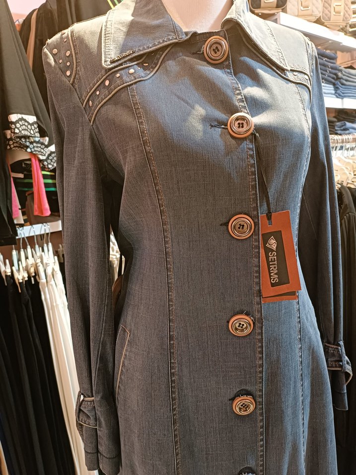 Düğmeli Gri Denim Uzun Kadın Kaban - Görsel 3