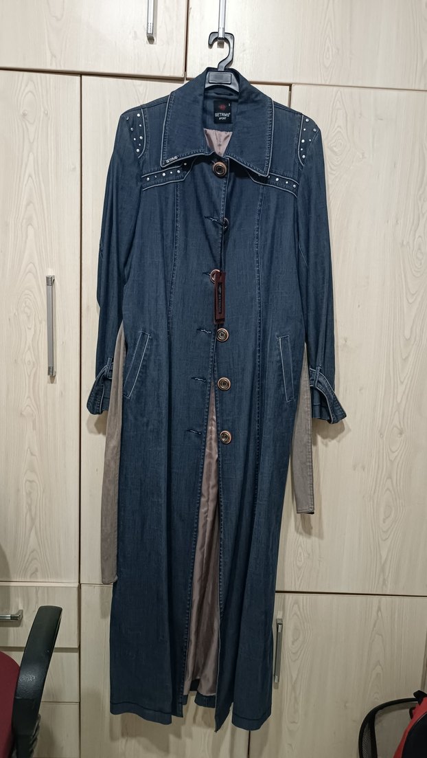 Düğmeli Gri Denim Uzun Kadın Kaban - Görsel 4