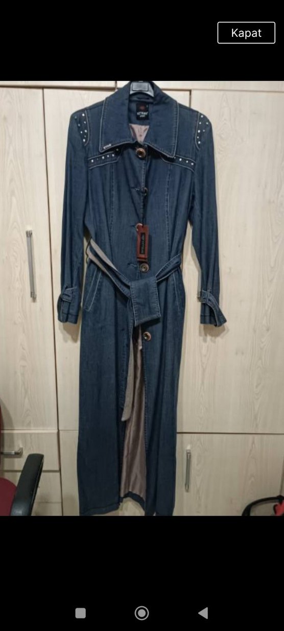 Düğmeli Gri Denim Uzun Kadın Kaban - Görsel 5