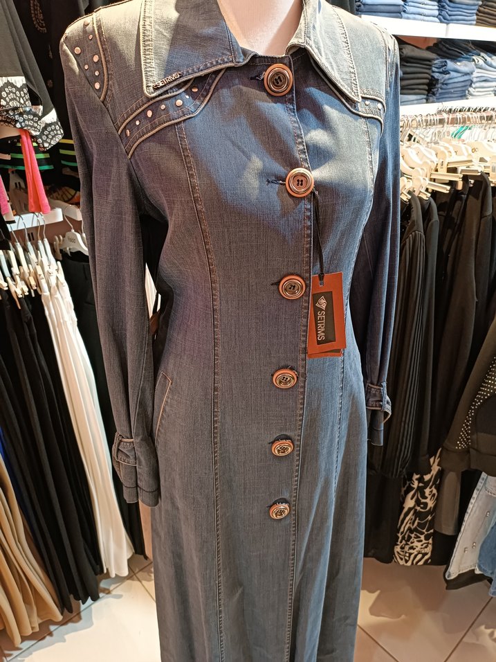 Düğmeli Gri Denim Uzun Kadın Kaban - Görsel 2