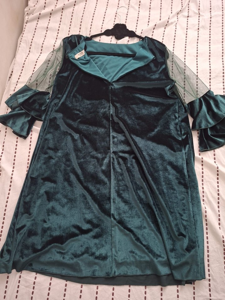 Turkuaz Uzun Kollu V Yakalı Kadın Elbise - Görsel 2