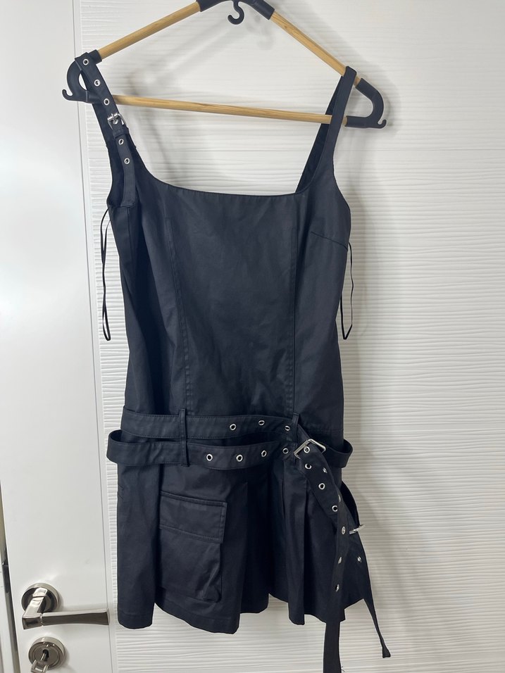 Siyah Deri Kemerli Kısa Kadın Tulum - Görsel 2