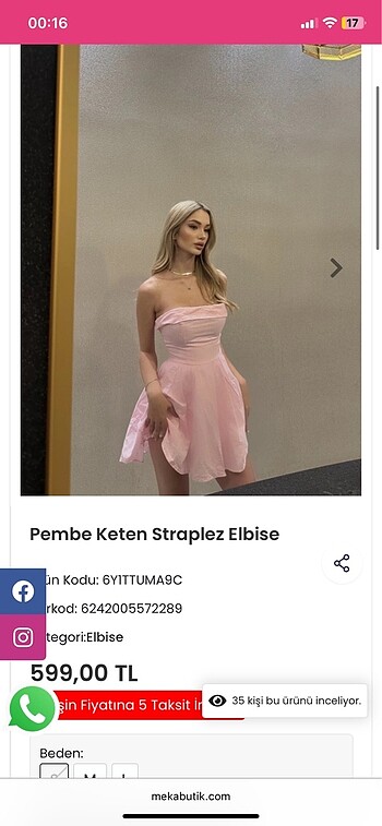 Straplez pembe keten elbise