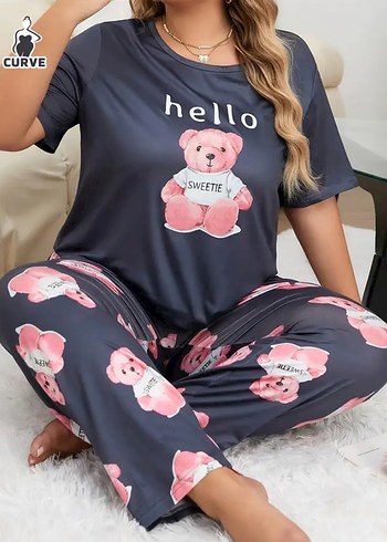 Trendyol & Milla Gri Ayıcık Desenli Rahat Kadın Pijama Takımı