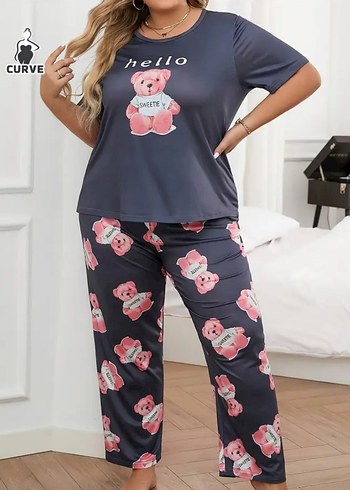 Gri Ayıcık Desenli Rahat Kadın Pijama Takımı