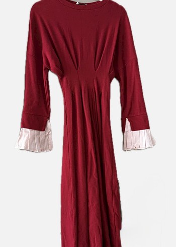 Bordo Pilili Uzun Kol Elbise - Görsel 2