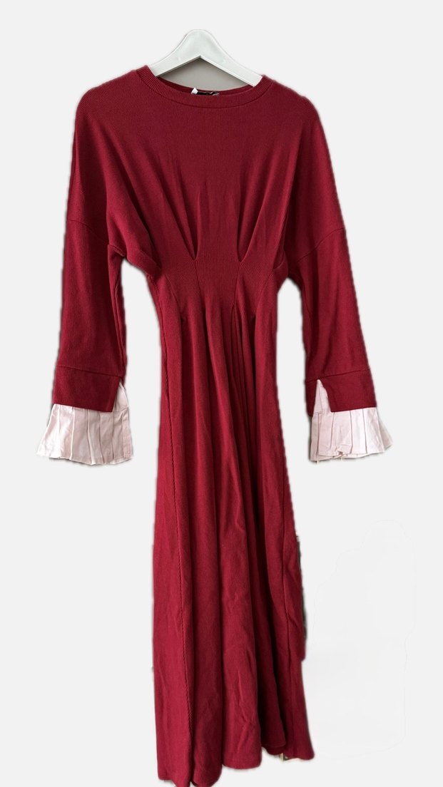 Bordo Pilili Uzun Kol Elbise - Görsel 2