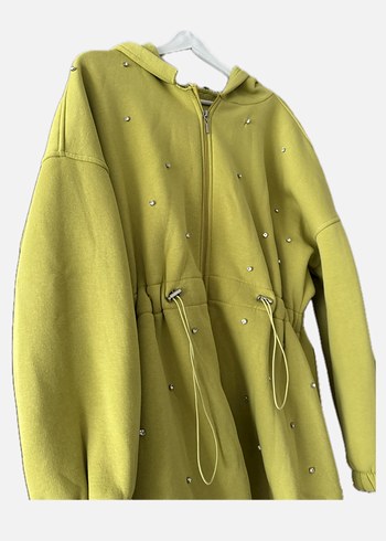 Sarı Kapüşonlu Nakışlı Fermuarlı Kadın Ceket - Görsel 2