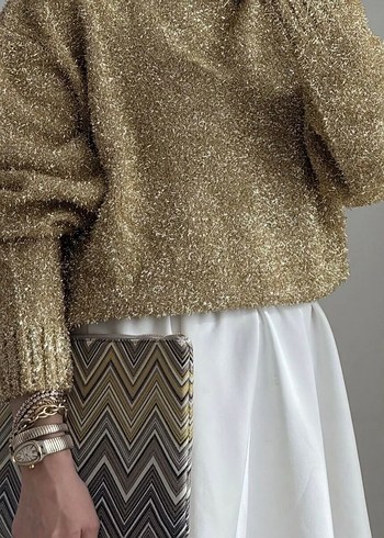 Altın Renkli Örgü Kadın Kazak - Görsel 2