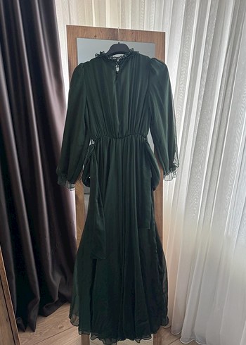 Uzun Kollu Fırfırlı Yeşil Uzun Elbise - Görsel 6