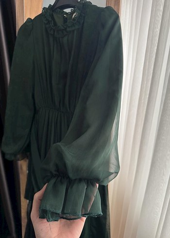 Uzun Kollu Fırfırlı Yeşil Uzun Elbise - Görsel 5