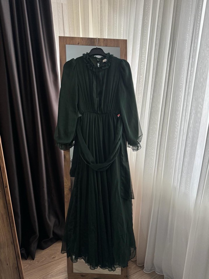 Uzun Kollu Fırfırlı Yeşil Uzun Elbise - Görsel 2