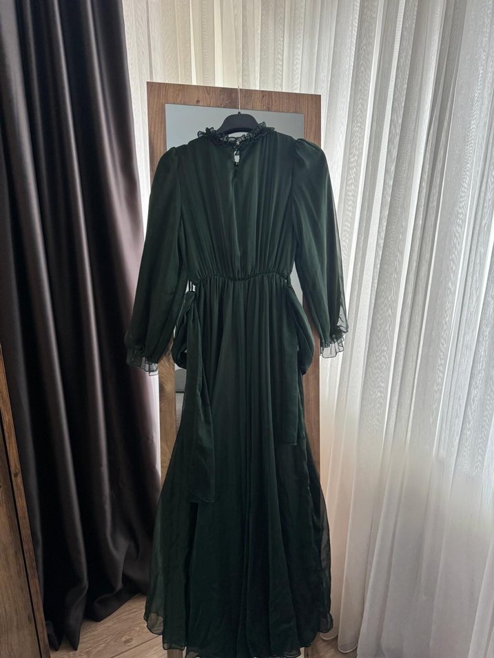 Uzun Kollu Fırfırlı Yeşil Uzun Elbise - Görsel 4