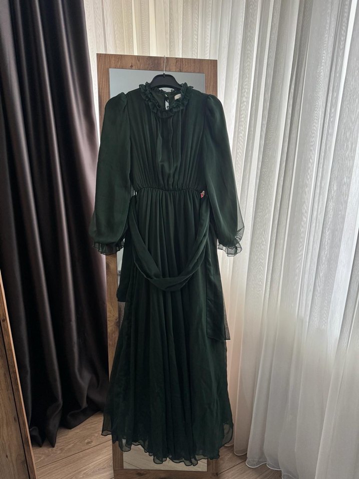 Uzun Kollu Fırfırlı Yeşil Uzun Elbise - Görsel 3