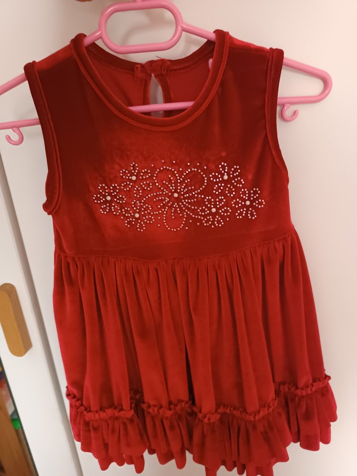 Kolsuz, Fırfırlı Kız Çocuk Kırmızı Elbise - Görsel 3