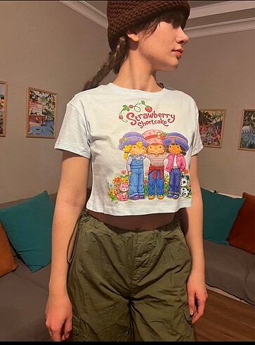H&M Çilek Kız Baskılı Crop Tişört